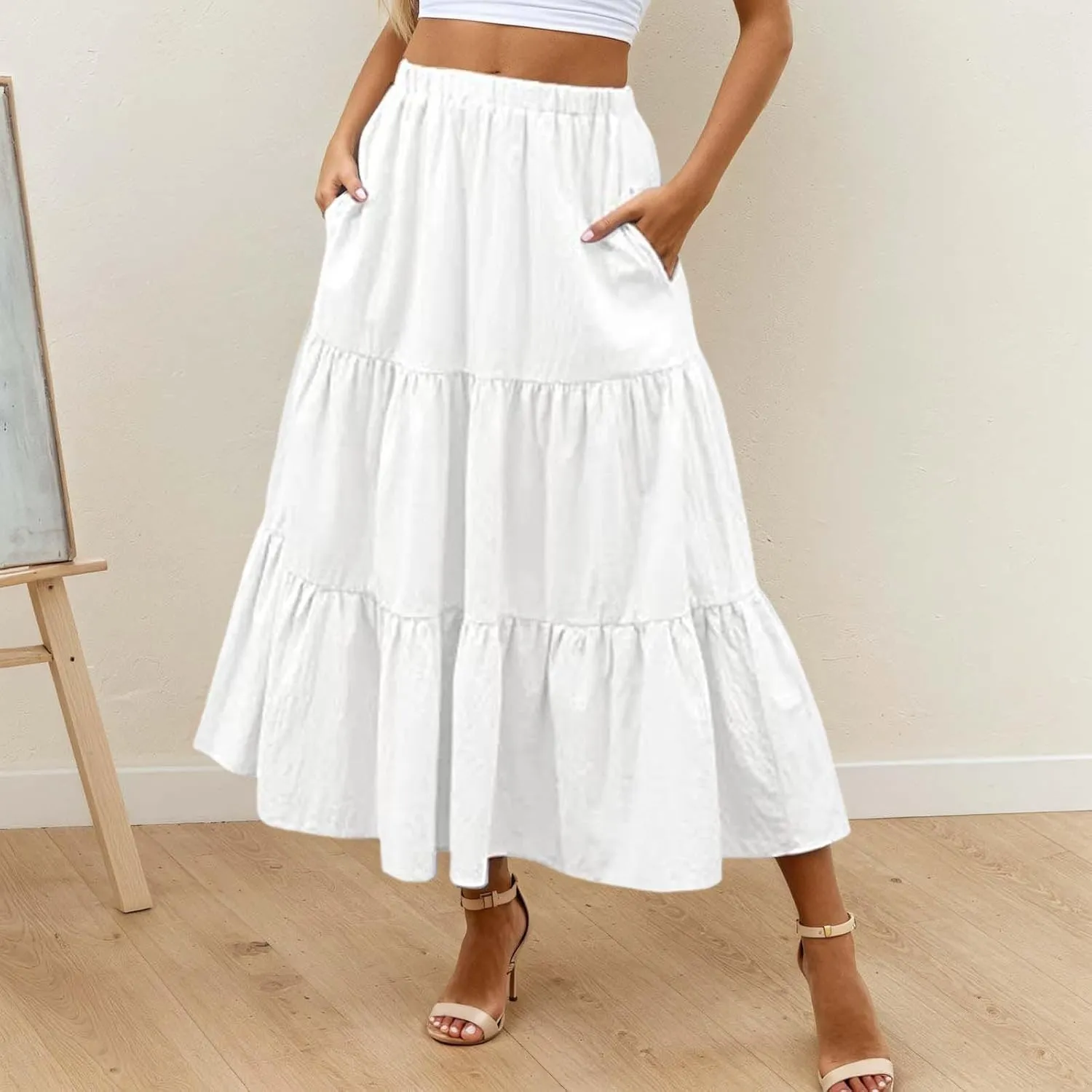 Womens Summer Boho Flowy Swing Tiered A-Line Maxi Skirt 2025 Fashion Trendy Elastic Waist Pleated Long Beach Dress